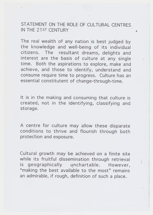 Text entitled "Statement on the role of cultural centres in the 21st Century" (first of two sheets) - from the project file "IFPRI"