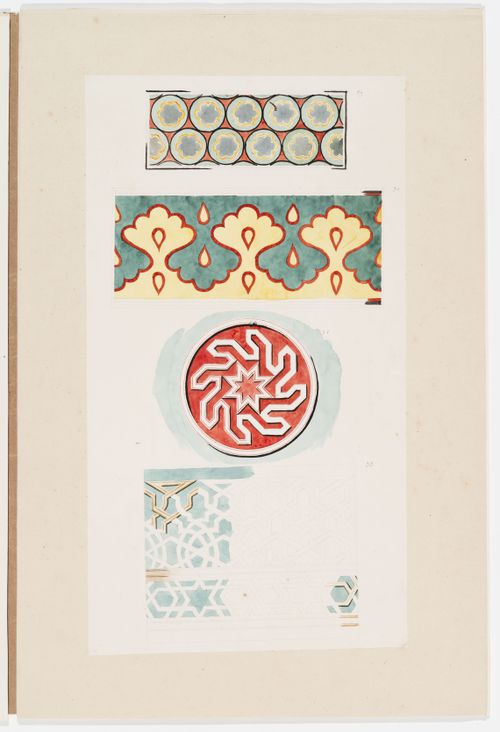 Ornament drawing of a panel decorated with multifoils within circles, a panel of running foliated ornament, a panel decorated with geometric shapes, and a panel or band decorated with interlacing lines