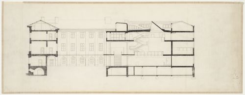 Longitudinal section for Göteborgs rådhusets [courthouse] and the Göteborgs rådhusets tillbyggnad [courthouse annex] looking west, Göteborg, Sweden