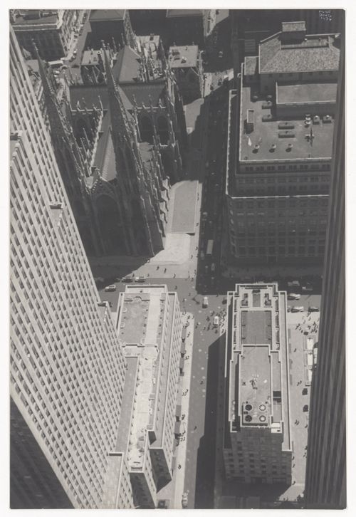 View looking down at Rockefeller Center and St. Patrick's Cathedral, New York City, New
