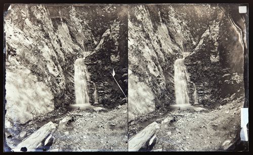 Stereograph of a waterfall in the mountains, California, United States of America