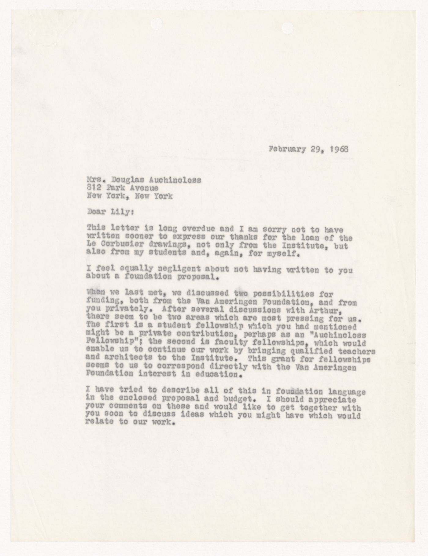 Letter from Peter D. Eisenman to Mrs. Douglas Auchincloss with attached project proposal for student and faculty fellowships