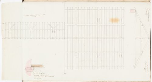 Section and half elevation for roof framing and partial section for a floor, possibly for the house, Domaine de La Vallée