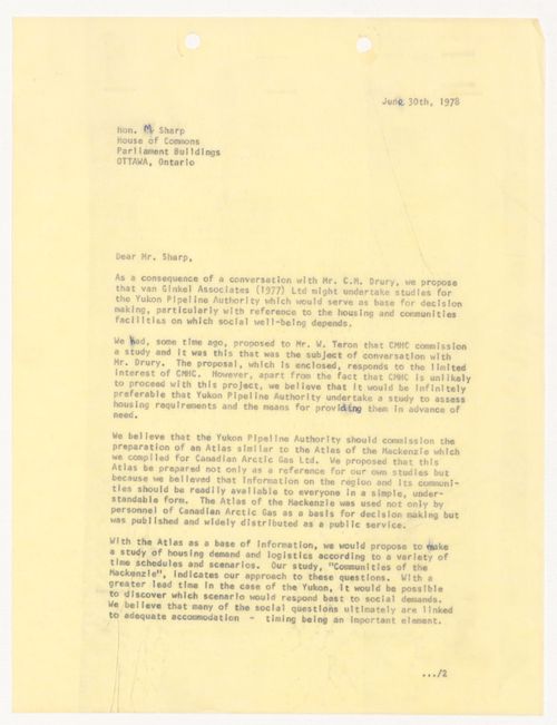 Letter from Blanche Lemco van Ginkel to Mitchell Sharp for Building in the North & Mackenzie Pipeline