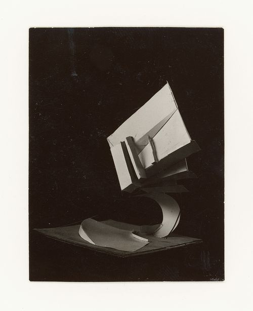 Photograph of a student model on the topic "Constructing a Voluminous Composition Based on Correlation of Mass (Cube) and Support" for the "Space" course at the Vkhutemas (Higher State Artistic Technical Studios), Moscow