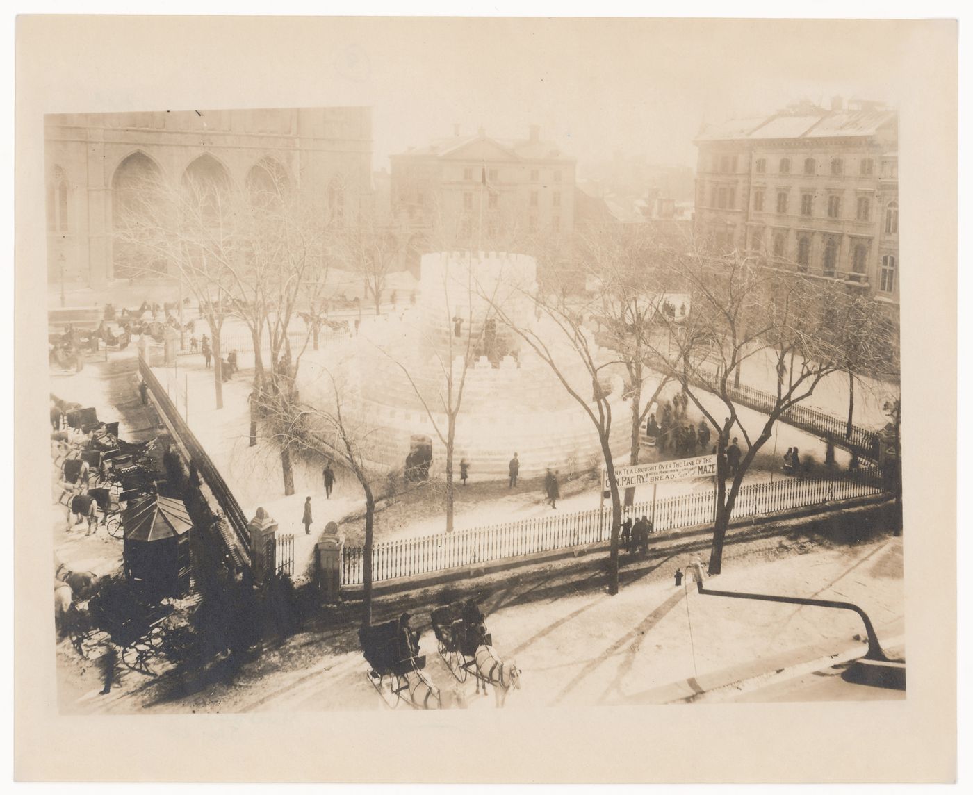 View of the Ice Maze from above with Basilique Notre-Dame in the left background, Place d'Armes, Montréal, Québec