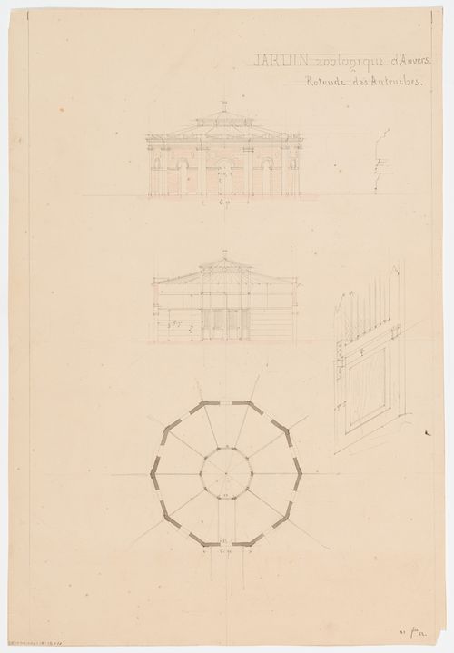 Zoological garden, Antwerp: Elevation, plan, section, and detail of a door of the ostrich aviary