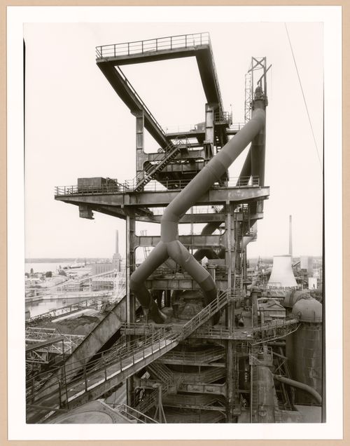 View of blast furnace head B of Metallhüttenwerk industrial plant, Lübeck-Herrenwyk, Germany