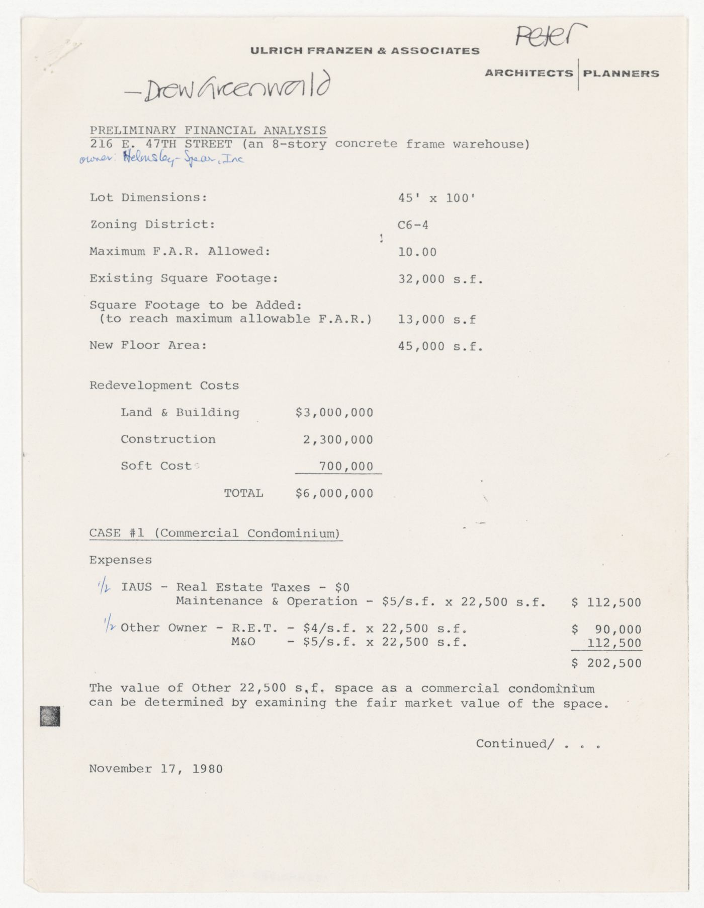 Preliminary financial analysis for IAUS new building options by the architectural firm Ulrich Franzen & Associates