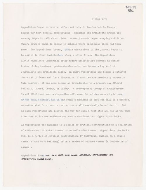 Project description for Oppositions with annotations by Peter D. Eisenman