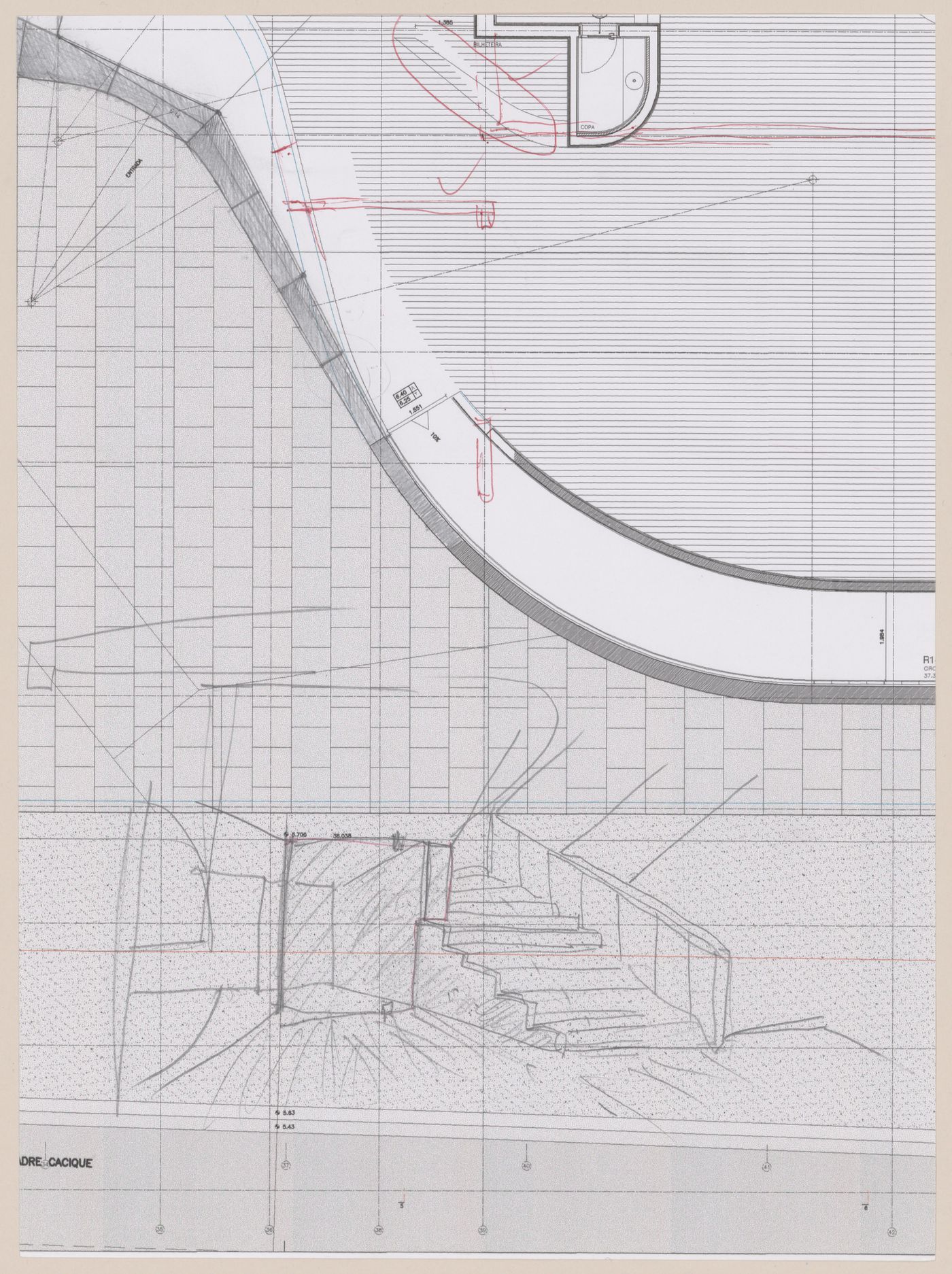 Sketches on annotated site plan for C. Cultural e Audit. para a Fundação Iberê  Camargo [Iberê  Camargo Foundation Museum], Porto Alegre, Brazil