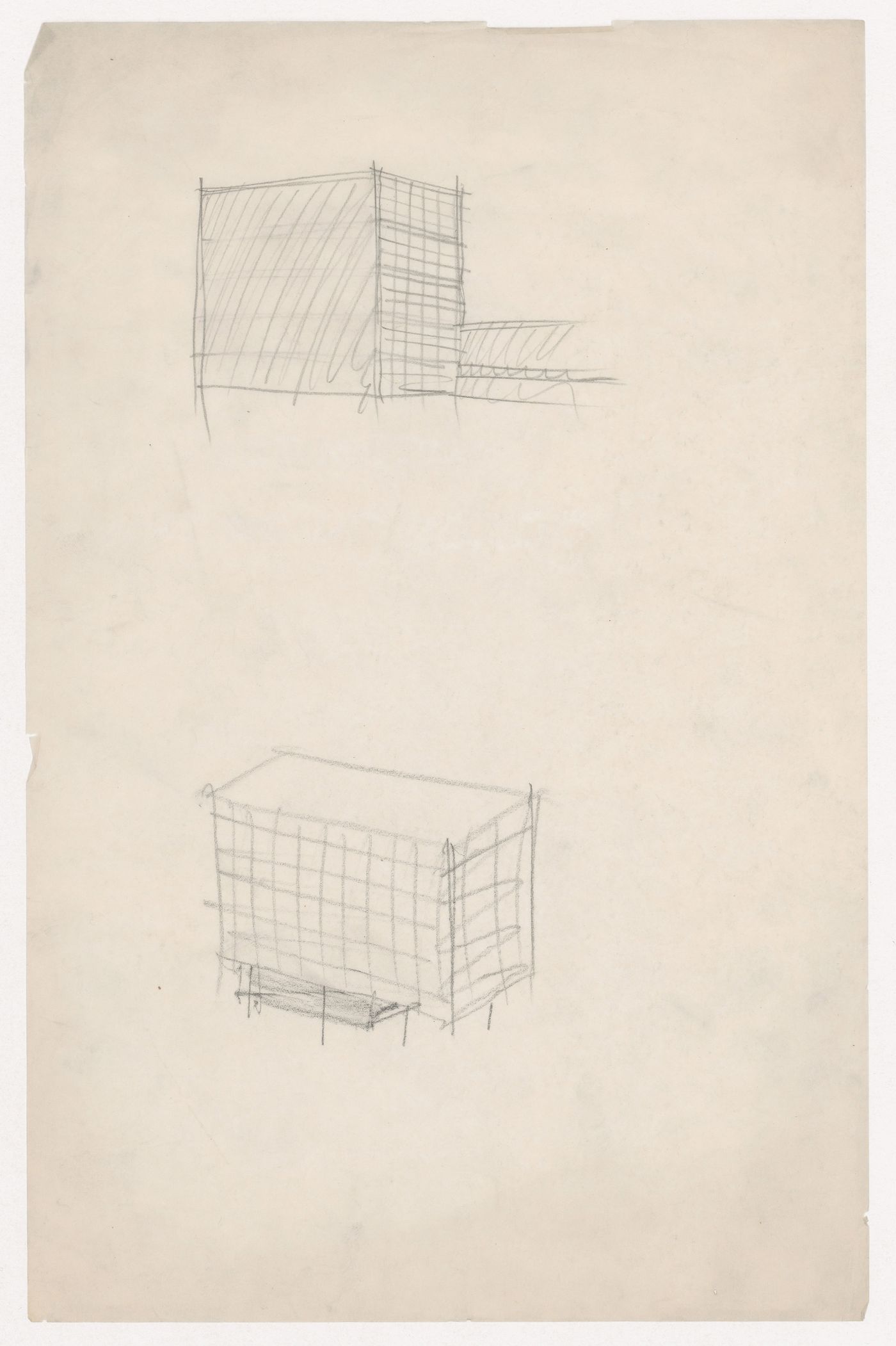 Perspective sketch and axonometric sketch for a glass tower, probably for Illinois Institute of Technology