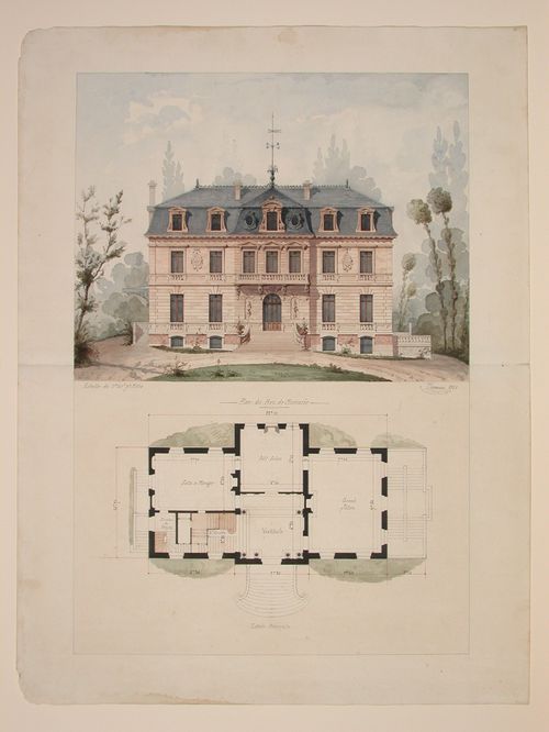 Rendered elevations and plans for a chalet-style house