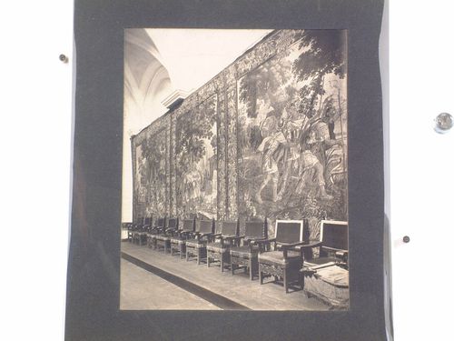 Interior view of the ante-room of the chapter house [also known as the Salón de los gobelinos] showing three tapestries and a row of chairs, Catedral de Puebla, Mexico