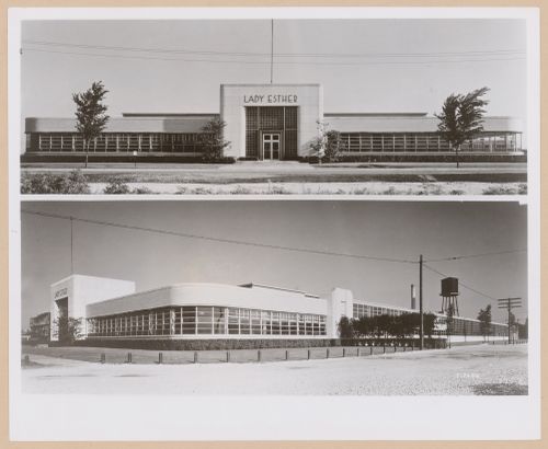 Views of the principal façade of the Administration Building and the lateral façades of the Administration Building and the Plant, Lady Esther Company, Chicago, Illinois