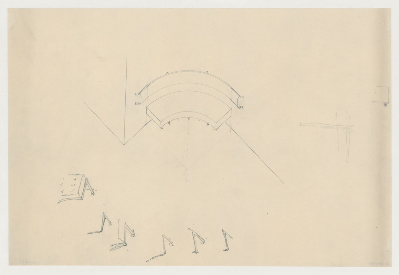 Axonometric for a built-in hall bench with details for the bench support for Villa Allegonda, Katwijk aan Zee, Netherlands