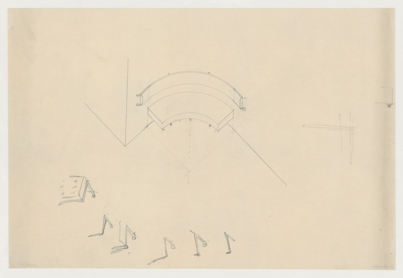 Axonometric for a built-in hall bench with details for the bench support for Villa Allegonda, Katwijk aan Zee, Netherlands