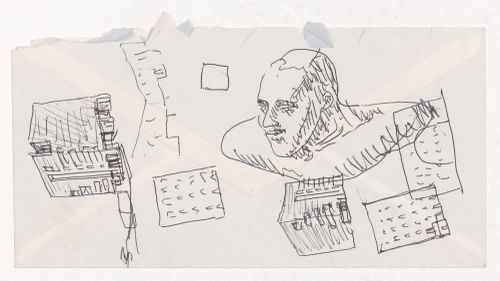 Sketch perspectives and elevations with human figure for Blocke 70 und 89, Kreuzberg, Fränkelufer, Berlin, Germany; verso: Sketch elevations with notes for Blocke 70 und 89, Kreuzberg, Fränkelufer, Berlin, Germany