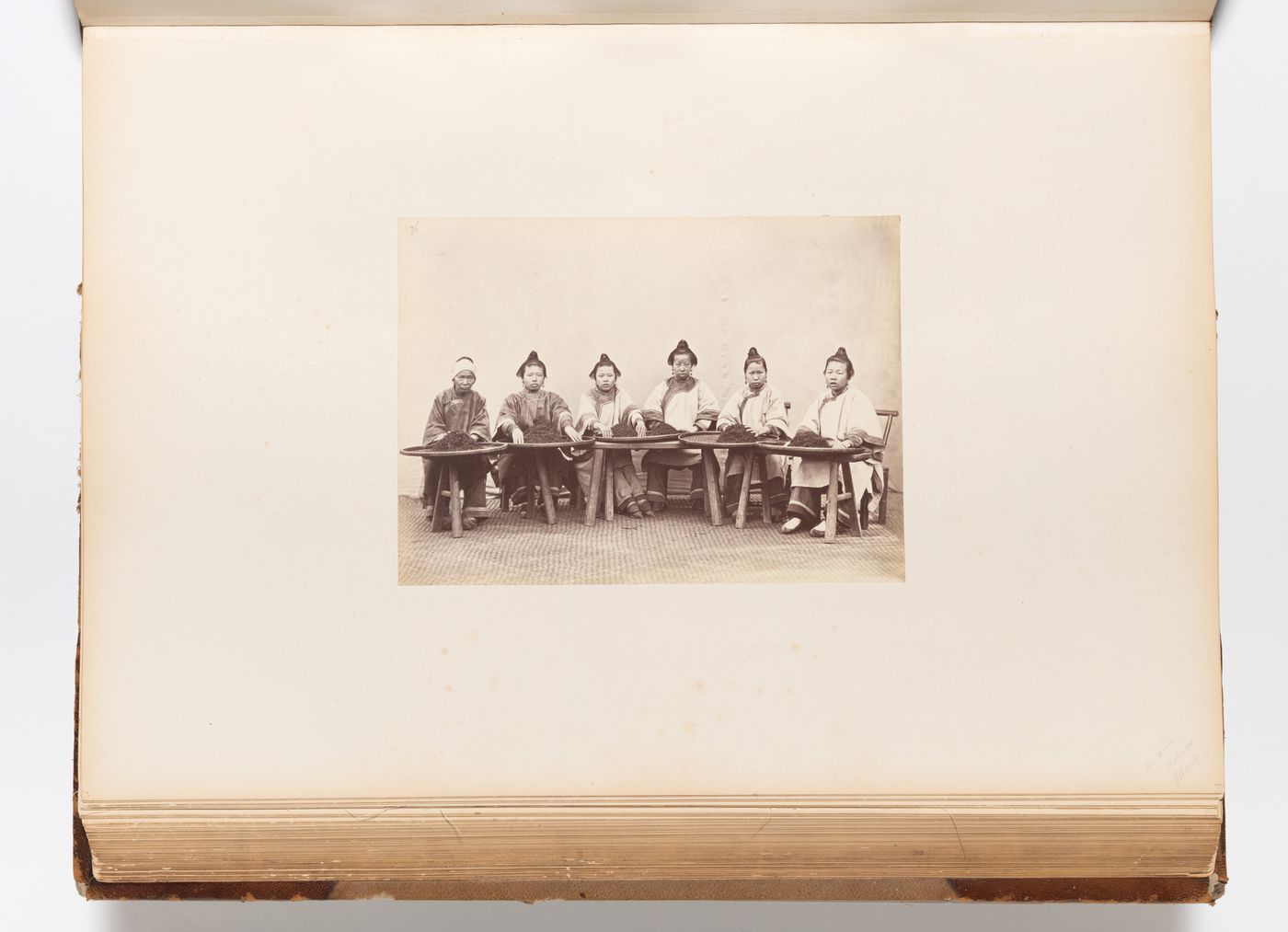 Group portrait of six women with bamboo trays of tea, southern China