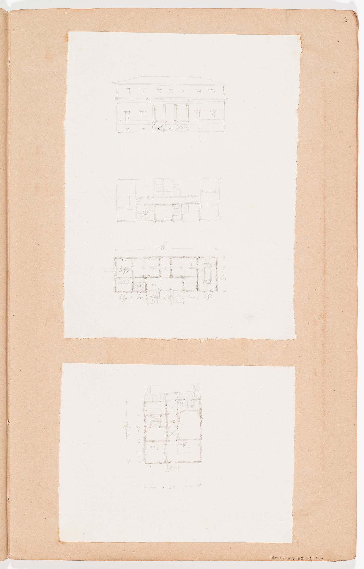 Sketch elevation and plans for unidentified houses