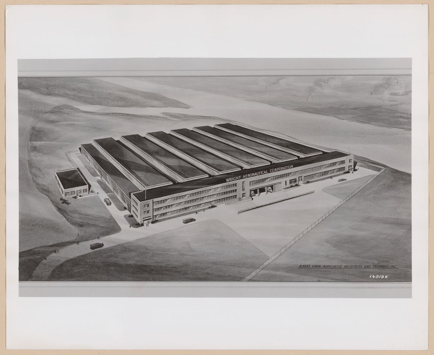 Photograph of a bird's-eye perspective drawing for or of the South Manufacturing Building, Wright Aeronautical Corporation Airplane Engine Plant, Paterson, New Jersey