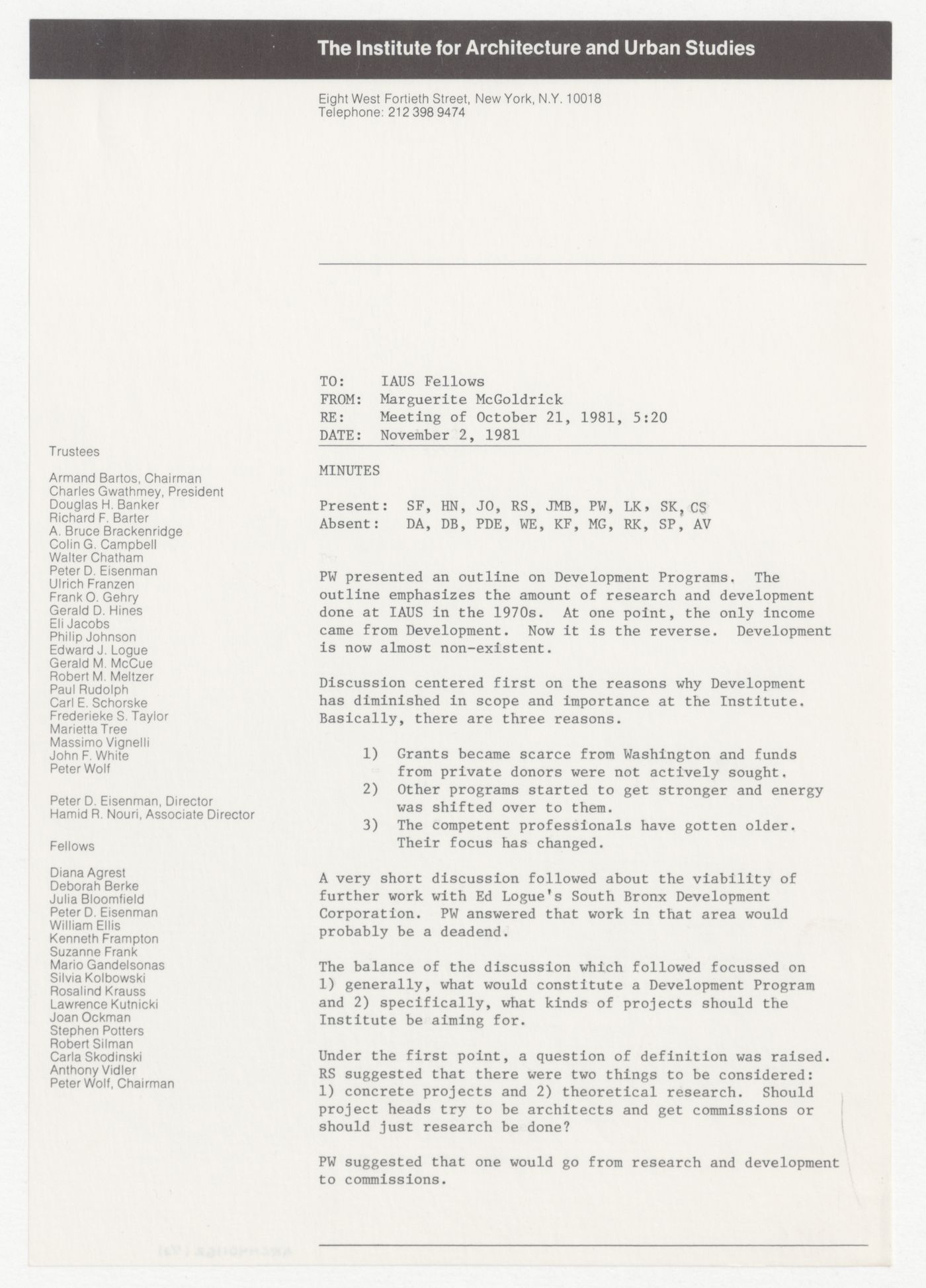 MInutes of meeting of the Fellows on October 21, 1981
