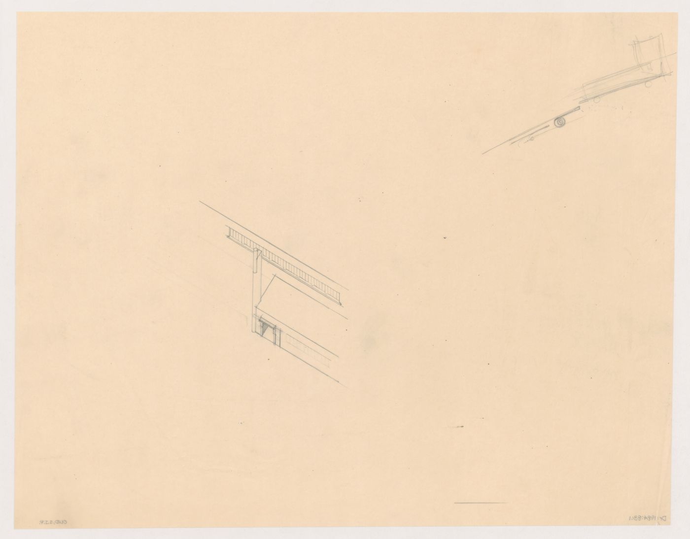 Bird's-eye partial axonometric and elevation [?] for a doorway for the church for Kiefhoek Housing Estate, Rotterdam, Netherlands