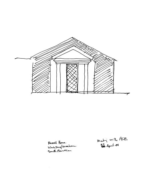 Russell House, Lake Bay, Washington (also called " Puget Sound House "): South elevation of the workshop / greenhouse