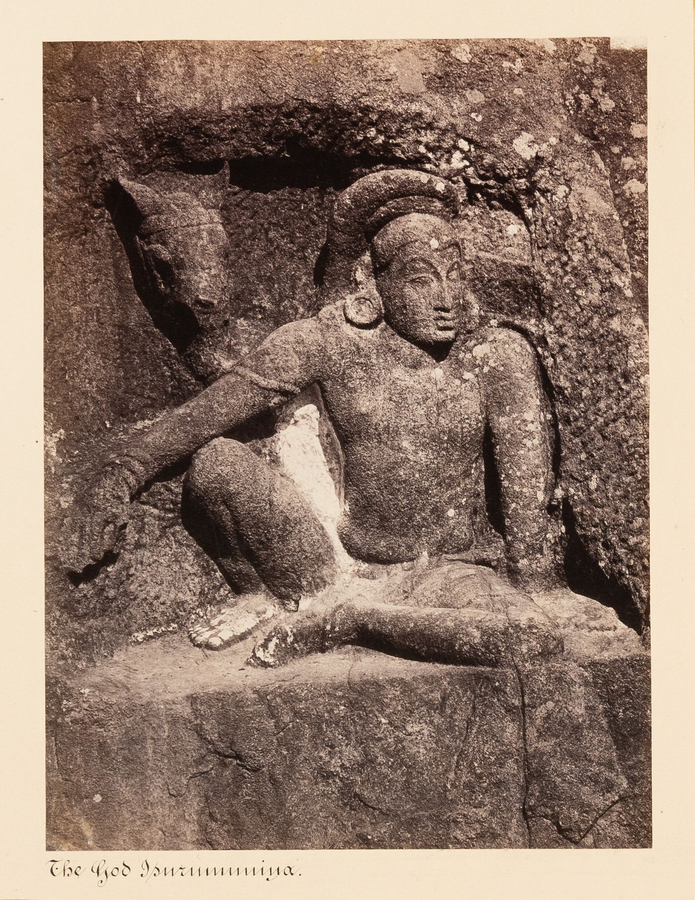 Close-up view of a relief of the God Isurumuniya, Isurumuniya Temple, Anuradhapura, Ceylon (now Sri Lanka)