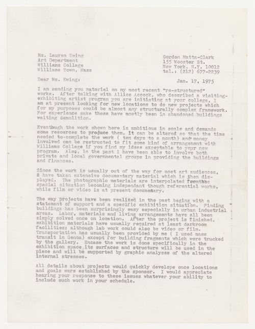 Letter from Gordon Matta-Clark to Lauren Ewing