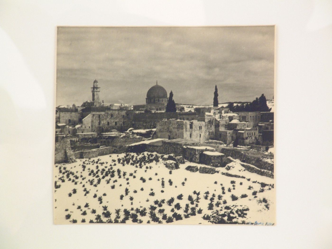 View of city in snow, looking towards Dome of the Rock, Jerusalem, Palestine