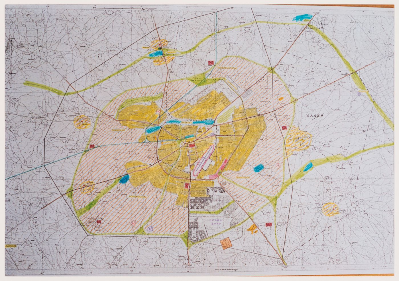 Photograph of an annotated map of Ouagadougou, Burkina Faso