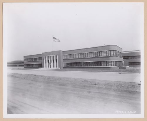 View of the south façade of the Administration Building, Ford Motor Company Willow Run Bomber Assembly Plant, Willow Run, Michigan