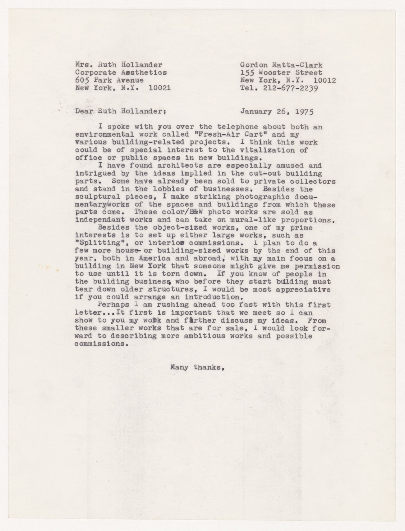 Letter from Gordon Matta-Clark to Ruth Hollander