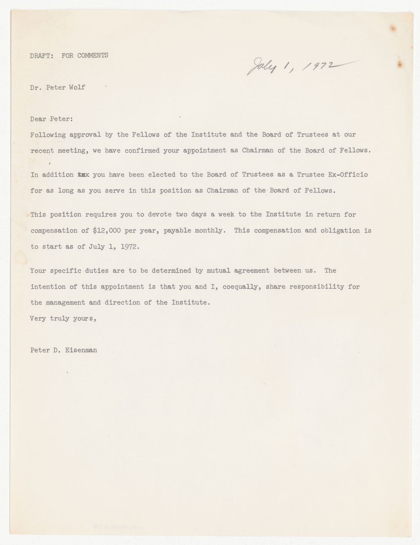 Draft letter from Peter D. Eisenman to Peter Wolf confirming Wolf's appointment as Chairman of the Board of Fellows