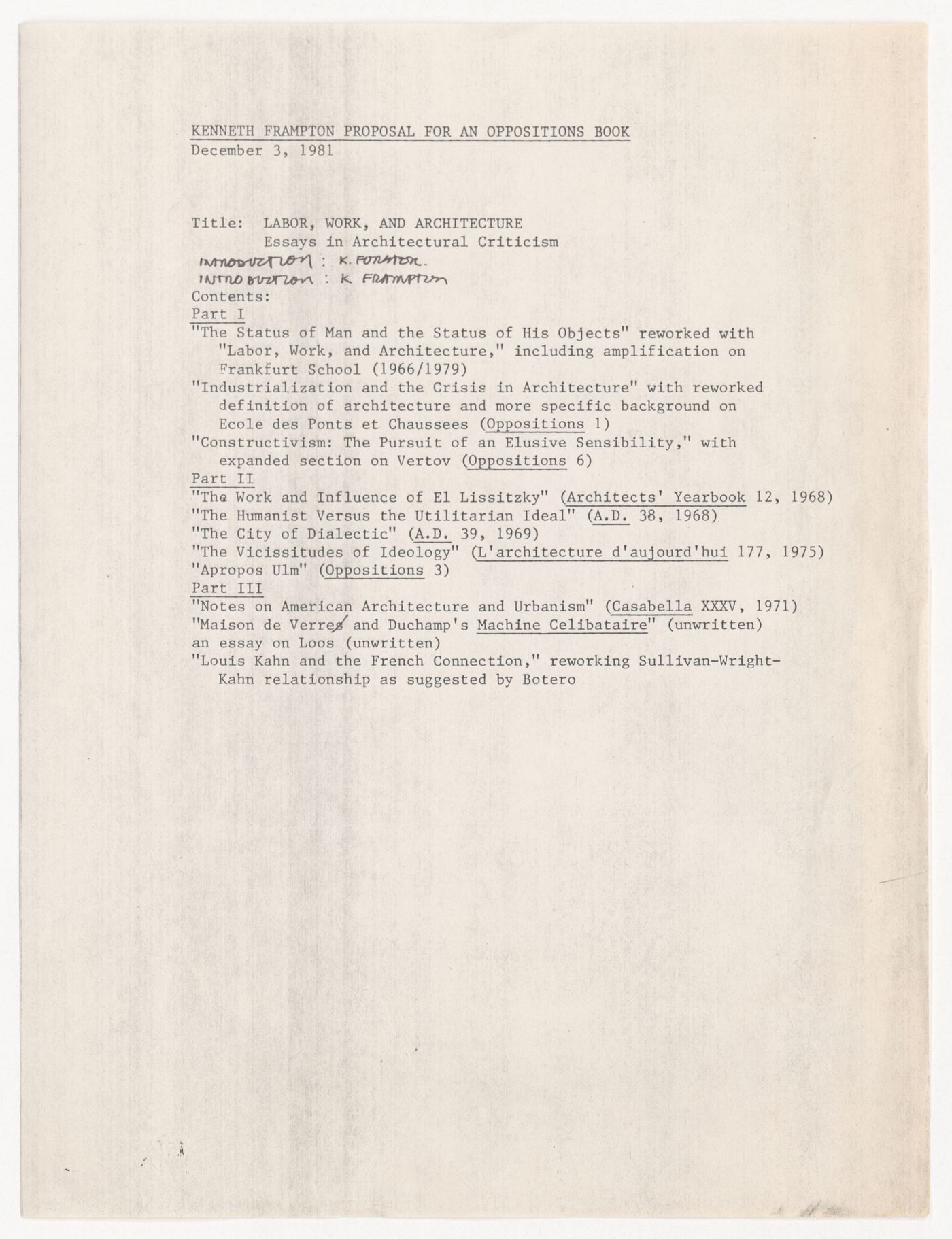 Kenneth Frampton proposal for an Oppositions Book with annotations by Peter D. Eisenman