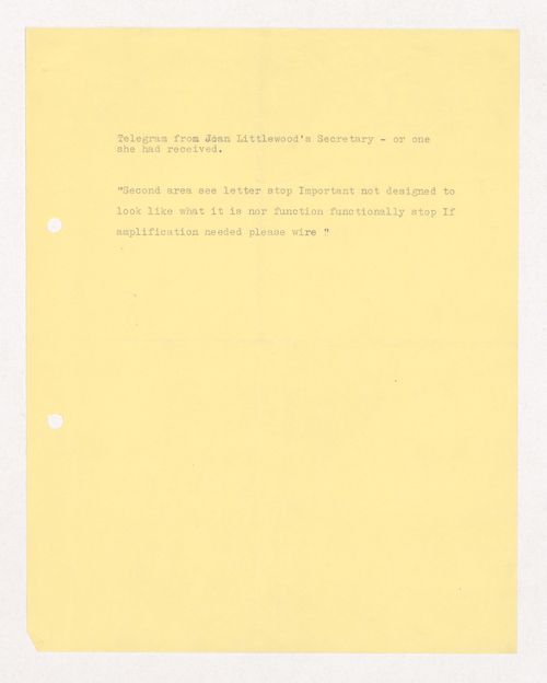 Telegram possibly from Joan Littlewood's secretary