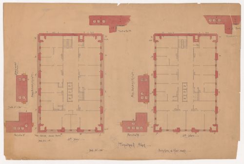 Monadnock Block, Chicago: Fourth and fifth floor plans with plans for the piers showing the location of pipes