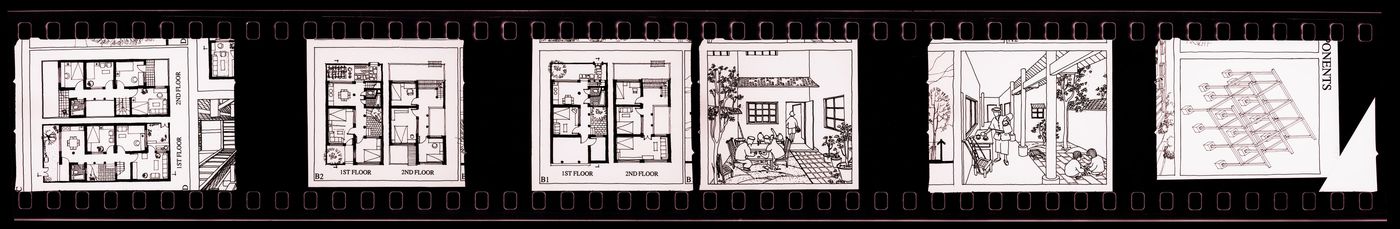 Negative strip of illustrations for the publication "Housing a Billion: Urban Upgrading: Design Ideals for Rural China" publication