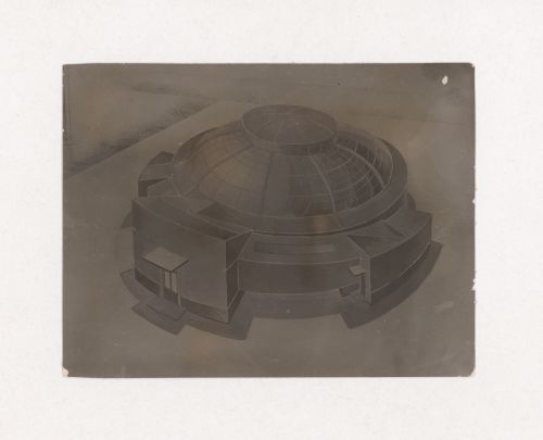 Photograph of a student drawing by Viktor Kalinin [?] on the topic "Exercise on Finding the Expressiveness of Volume. Riding School" for the "Space" course at the Vkhutein (Moscow Higher Technical Institute), Moscow