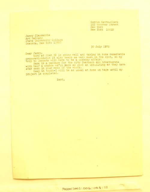 Letter from Gordon Matta-Clark to Jerry Clapsaddle