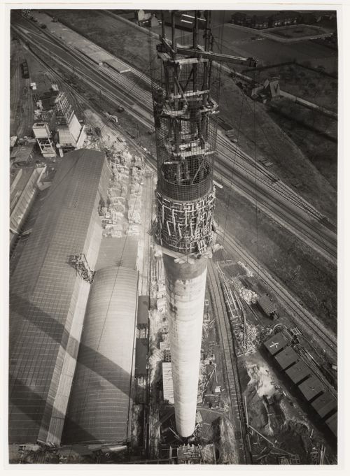 View from above of construction of large tower or smokestack