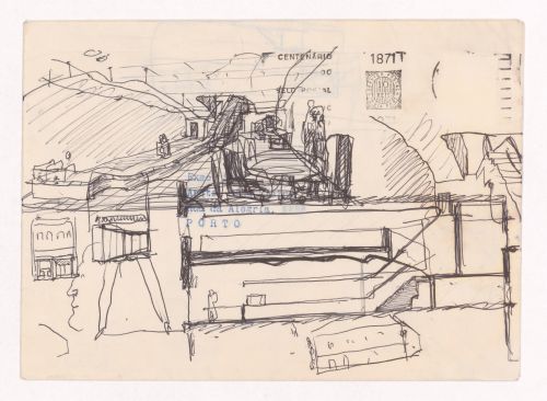 Sketch perspective, section and elevation with portrait for Banco Pinto & Sotto Mayor, Régua, Portugal