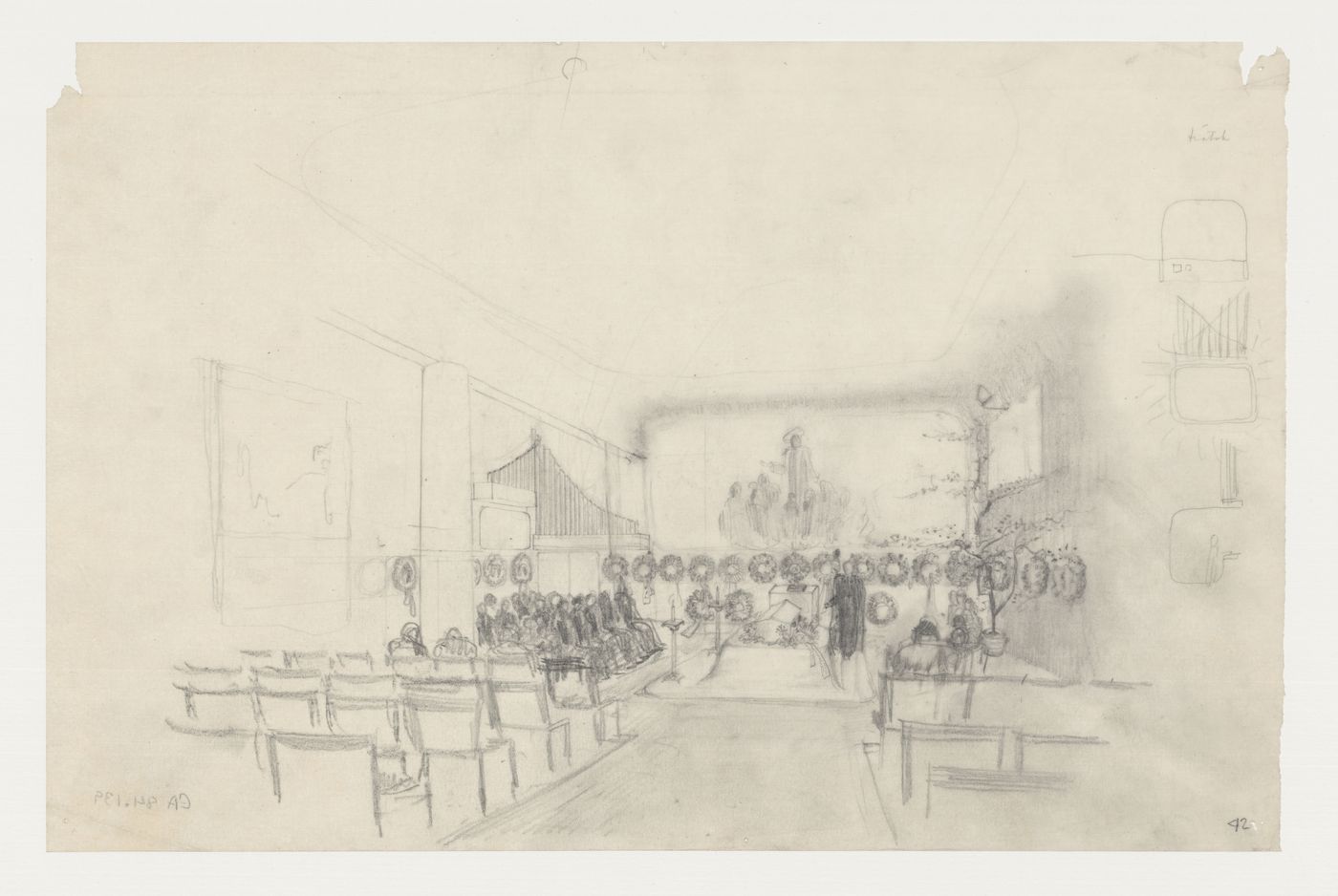 Interior sketch perspective for the Chapel of Faith showing a service underway, Woodland Crematorium, Woodland Cemetery, Stockholm, Sweden