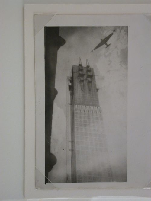 Photograph of a worm's-eye perspective drawing for the Narkomtiazhprom Building (Building of Heavy Industry) competition, Moscow