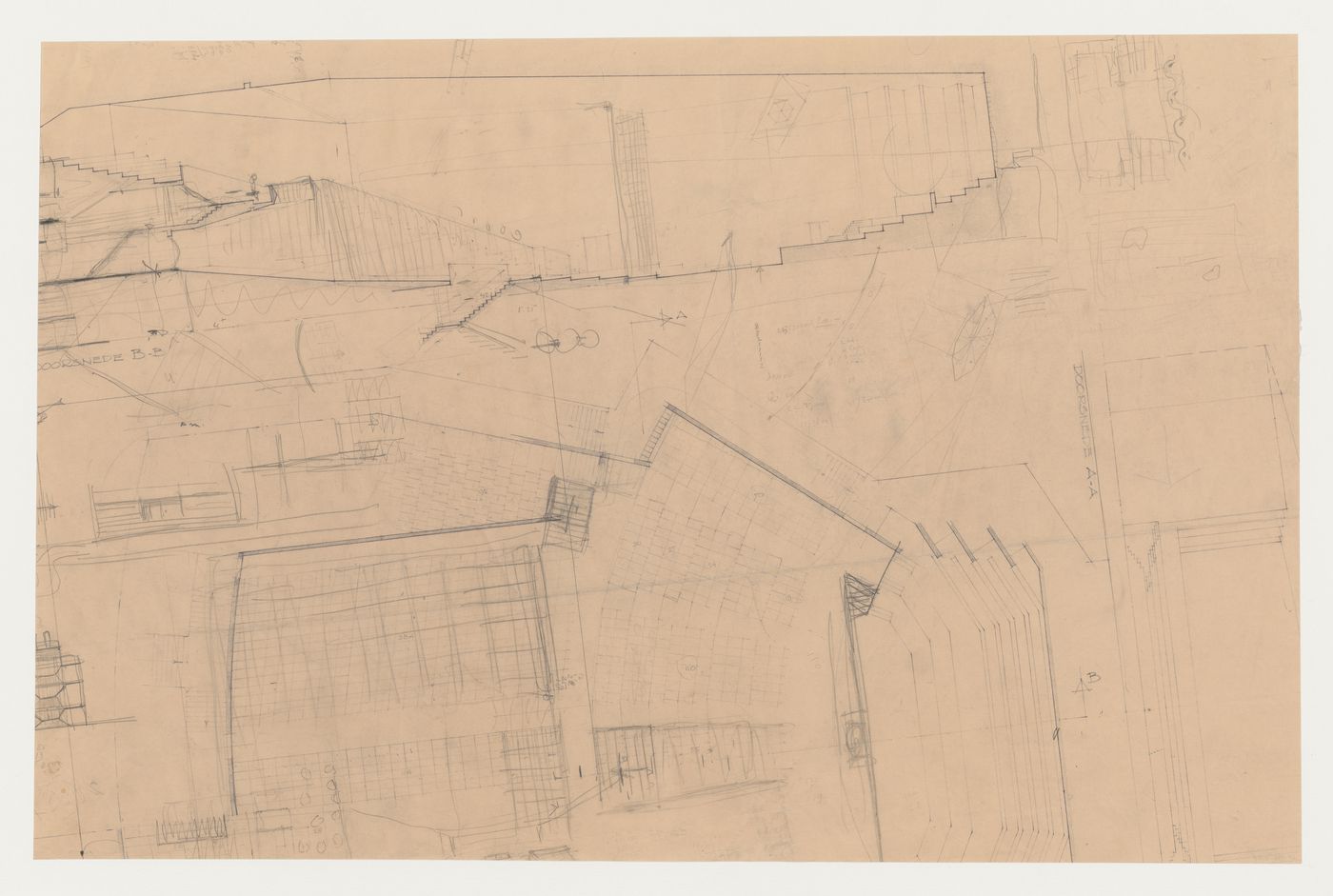 Plan, sections and details for an open-air theatre in the Urals, Soviet Union (now Kazakhstan)