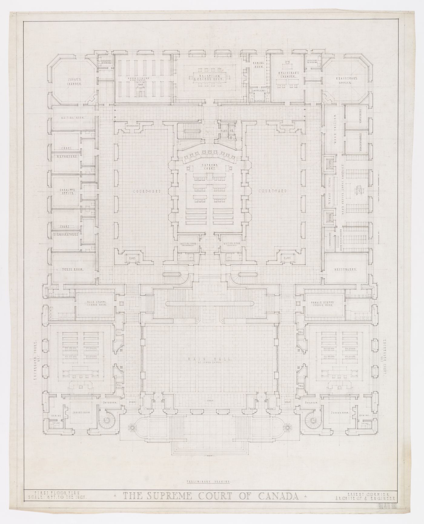 Plan préliminaire du premier étage, Cour suprême du Canada, Ottawa, Ontario, Canada (1937-1953, 1977)