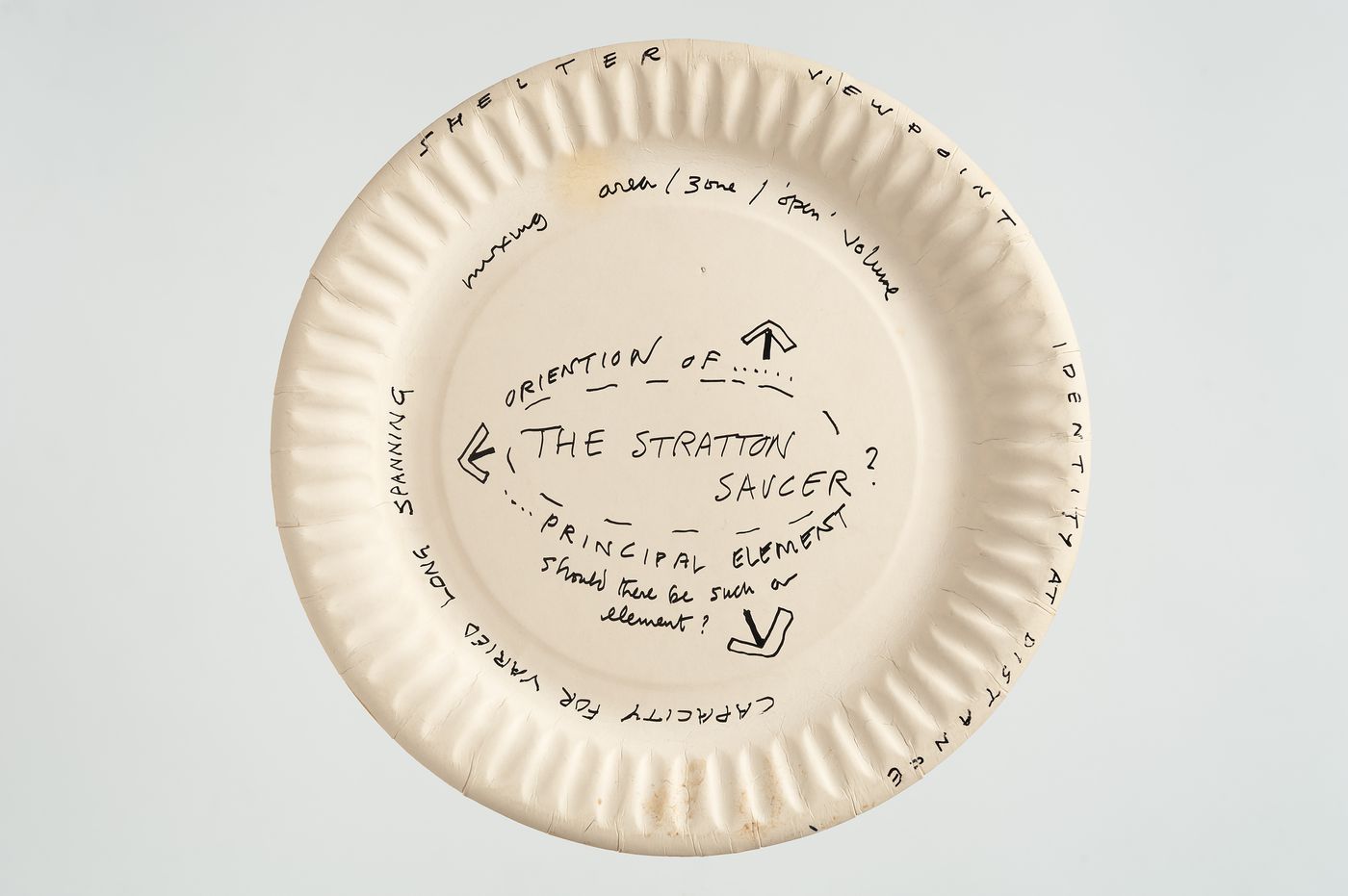 Stratton: preliminary sketch for "The Stratton Saucer" on paper plate