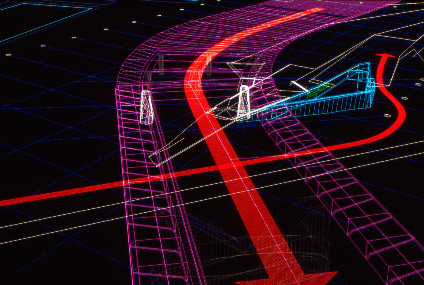 Screen capture of an AutoCAD file of a wire-frame model of the bridge landing, including arrows representing circulation, for Erasmus Bridge