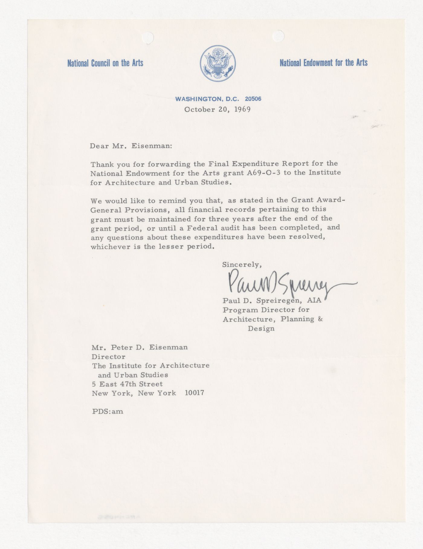 Letter from Paul D. Spreiregen to Peter D. Eisenman about financial records pertaining to grant from the National Endowment for the Arts (NEA)